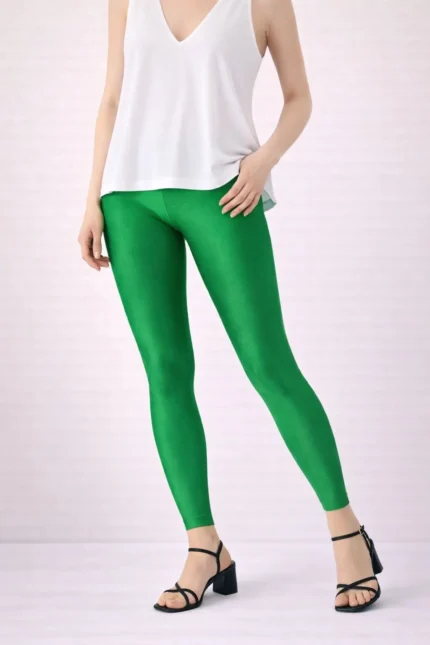 Leaf green shimmer ankle leggings for women